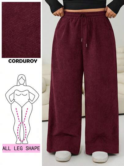 Solflare Plus Size Casual Corduroy Drawstring Waist Loose Pants, Wine Red, Autumn