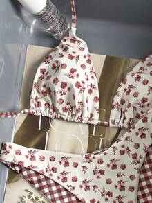 Swim Mod New Women's Summer 2-Piece Random Floral & Plaid Print Triangle Halter Bikini Top And Bottom Set, Beach Vacation Swimwear