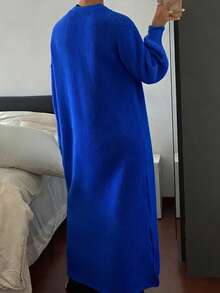 EURMUSE Women's Casual Solid Color Drop Shoulder Cardigan, Autumn/Winter - Blue - View 2
