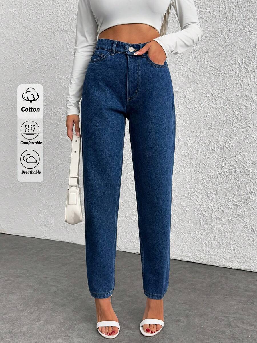 EURMUSE 100%Cotton High Waist Solid Pocket Mom Fit Jeans - Blue - View 1