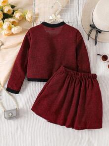 SHEIN Elladie kids 年轻女孩休闲撞色蝴蝶结装饰夹克和百褶迷你裙套装，适合日常、通勤、上学、秋季 - 酒紅色 - 查看 2
