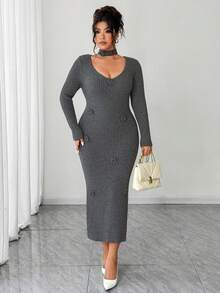 Elenzga Vestido de suéter de punto acanalado con cuello redondo, manga larga, ajustado, con estampado floral en bloques de color talla grande - Gris - Ver 1