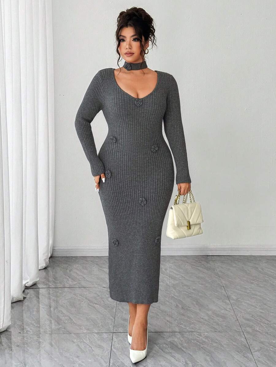 Elenzga Vestido de suéter de punto acanalado con cuello redondo, manga larga, ajustado, con estampado floral en bloques de color talla grande - Gris - Ver 1