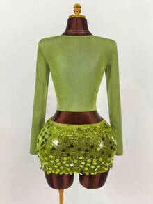 Y2K Amplova Christmas New Year Thanksgiving Sequins Party Vintage Wild Plunging Neckline Sexy Design Long Sleeve Top Fairycore Mermaid Green - Green - View 11