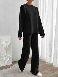 SHEIN Cottnline Women Solid Color Rib Knit Sweater & Sweater Pants Set - Black - View 6