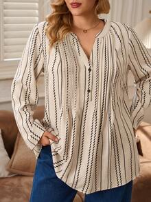 EMERY ROSE Áo sơ mi cổ khoét sọc thường ngày cỡ lớn, mùa thu - Màu be - Xem 5