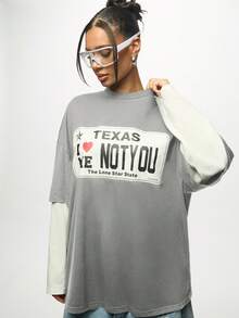 SUMWON WOMEN 双层图案 T 恤 德克萨斯印花 圆领 长袖 超大号 休闲舒适上衣 秋冬春装 - 灰色 - 查看 6