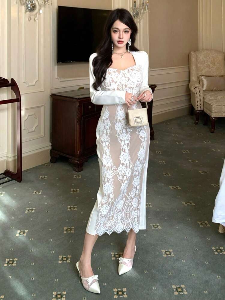 Women's Floral Lace Patchwork Sweetheart Neck Long Sleeve Fitted Elegant Mid-Length Dress