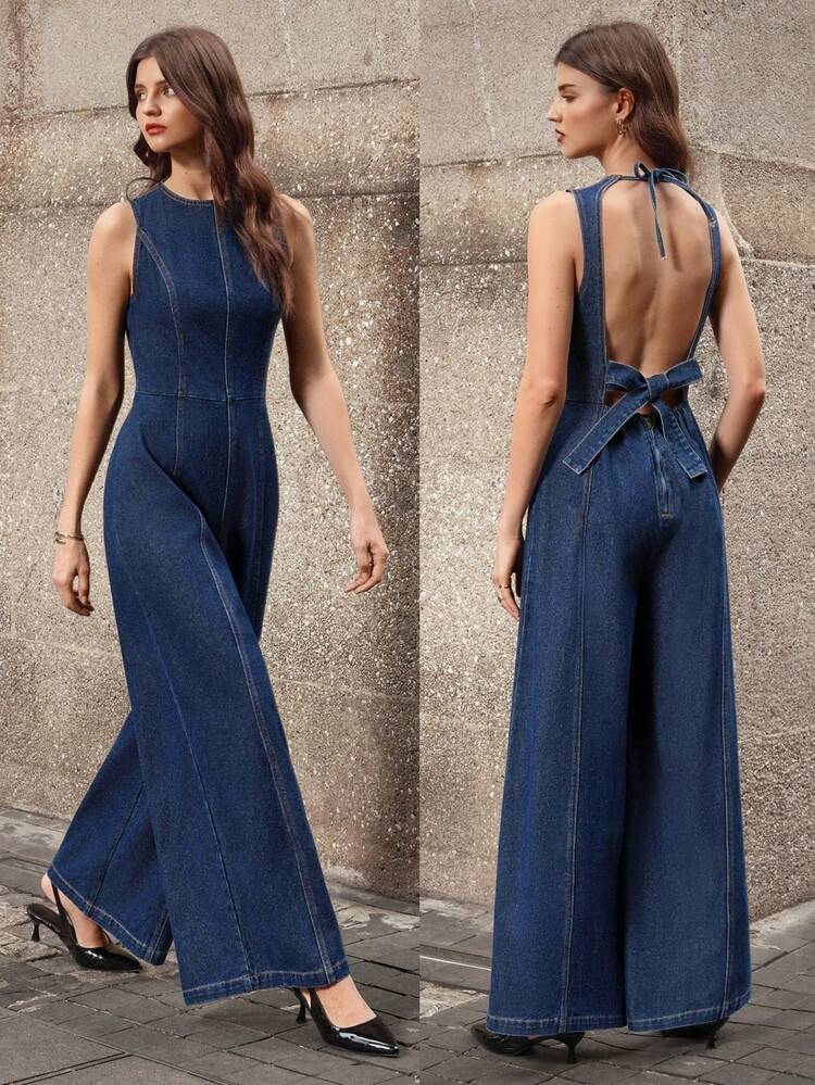 Selenza Mono vaquero de pierna ancha y espalda descubierta de moda y sexy para mujer - Azul - Añade 1
