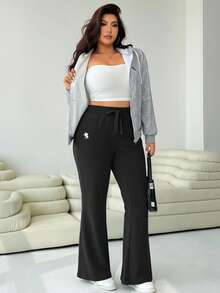 Solflare 大码休闲百搭骑士刺绣喇叭裤 - 黑色 - 查看 6