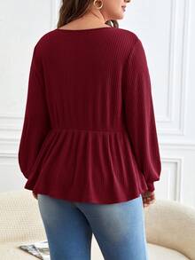 SHEIN Frenchy Áo thun nữ tay dài cổ chữ V hở vai, viền bèo nhún cỡ lớn - Màu Hoa hồng đỏ - Xem 2