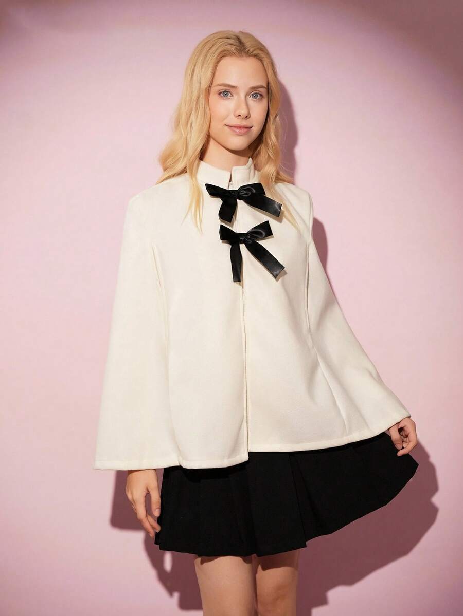 Teen Girl Bow Decor Cape Woolen Jacket, Suitable For Spring And Autumn - Beige - View 1