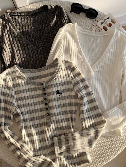 Comfortcana Camiseta casual de mujer de cuello redondo, manga larga y media cremallera con rayas y costillas