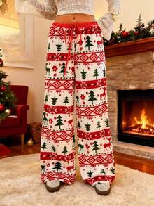 Zielony 女士简约时尚圣诞印花裤，圣诞冬季女士秋冬圣诞图案裤 - 彩色 - 查看 1