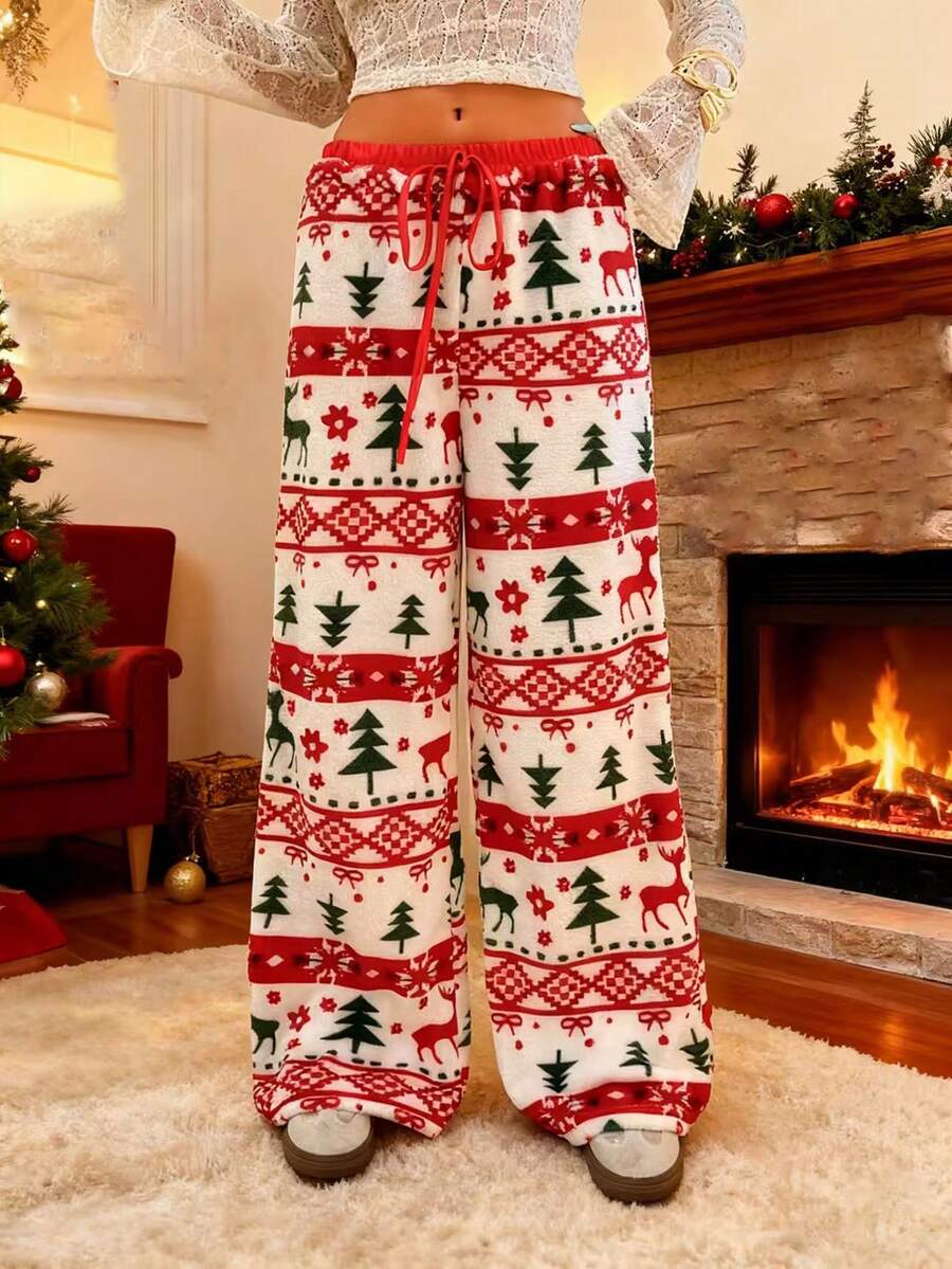 Zielony 女士简约时尚圣诞印花裤，圣诞冬季女士秋冬圣诞图案裤 - 彩色 - 查看 1