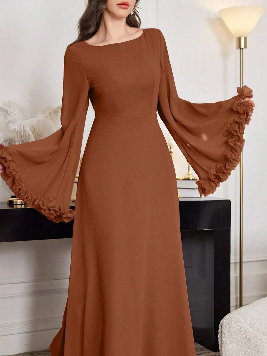 Modelyn Women's Elegant Waist Tie Flared Sleeve Ruffle Hem Dress - Brown - View 1