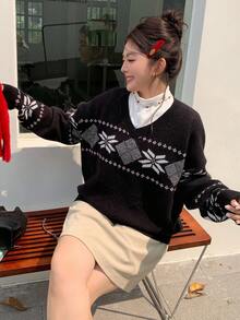 Dazy Plus Suéter de Navidad con escote en V, estampado jacquard de retazos de colores contrastantes para mujer talla grande, otoño/invierno, Año Nuevo - Negro - Ver 5