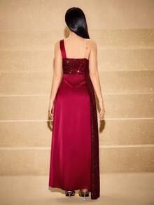 Váy dạ hội thanh lịch cho bé gái tuổi teen, váy phù dâu cho đám cưới, váy midi không tay lấp lánh màu đỏ tía cho lễ Halloween, Giáng sinh, những dịp trang trọng, váy công chúa bồng bềnh hở gấu thời trang cho bé gái khi trở lại trường - Màu Đỏ Sâu - Xem 2