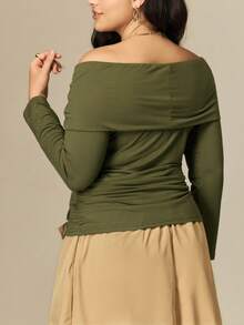 SHEIN Clasi Plus Size Women's Knit Regular Autumn/Winter Off Shoulder Simple Casual Metal Decor Button Long Sleeve Green T-Shirt - Green - View 2