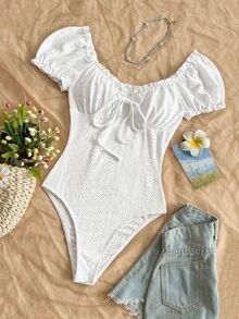 Soleia Spring/Summer New Casual Vacation Western Beach Wedding Guest Attire Graduation Brunch Women's Outfit St. Patrick's Day Spring Break Easter Music Festival Elegant Boho Tropical Elegant Knit Texture Puff Sleeve Ruffle Hem Valentine's Day Bodysuit For Women - White - View 3