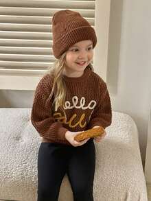 SHEIN Sweater Anak Perempuan dengan Bordir Bunga Buatan Tangan yang Lucu, Lembut, Hangat, Kasual, dan Serbaguna, Cocok untuk Pemakaian Sehari-hari - Coklat - View 4