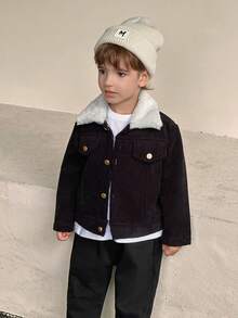 SHEIN Young Boy Furry Panel Collar Long Sleeve Simple Jacket, Casual Daily Wear Chic Outfits For Autumn/Winter - Black - View 5
