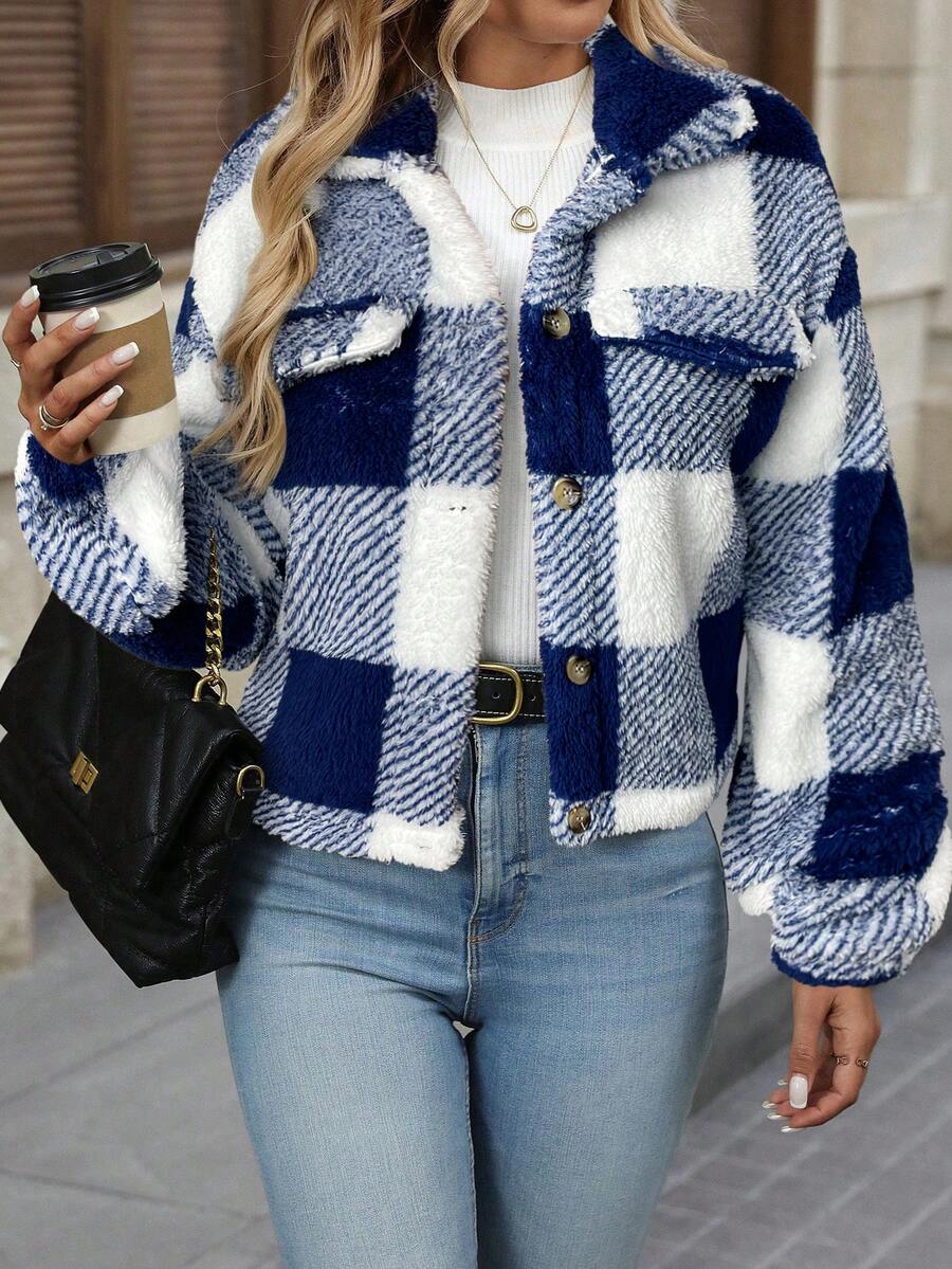 SHEIN Clasi Women's Plaid Reversible Fleece Jacket With Collar In Fall/Winter - Blue - View 1