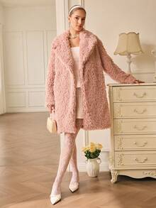 Revavyn Pink Faux Shearling Mid-Length Jacket, Crisp Collar, Soft Fluffy Texture, Suitable For Commuting, Dating, And Everyday Wear - Pink - View 3