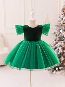 Glamorique Kids Vestido de princesa de terciopelo con lazo en la espalda en V, con volantes de tul para bebé e infante niña, adecuado para fiesta de Navidad, cena, cumpleaños - Verde - Ver 2