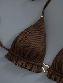 Swim Mod 纯色纹理荷叶边系带优雅可拆卸三角比基尼上衣，简约风格，适合海滩度假，春夏穿着 - 棕色 - 查看 2