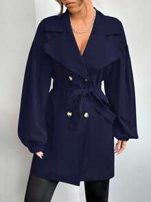 SHEIN EZwear Giacca a vento casual minimalista con collo a bavero e bottoni, stile francese, per taglie forti, adatta per l'autunno/inverno - Blu Navy - Visualizzare 10