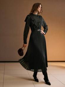 MOTF PREMIUM WOMEN'S STRIPED PRINT MOCK NECK BOW SHOULDER PLEATED HEM BELTED DRESS, AUTUMN/WINTER