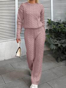 SHEIN Cottnline Solid Color Drop Shoulder Cable Knit Sweater And Knitted Pants Two Piece Set - Dusty Pink - View 4
