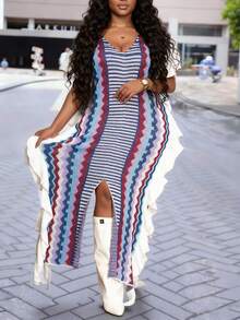 Slaydiva 2025 春秋新品优雅派对、优雅约会、休闲郊游、音乐节、街头风格、游牧风、复古宽松多色条纹侧褶高开衩女式大码针织长裙 - A