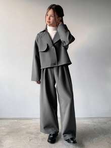 DAZY 女童休闲长款外套和裤子套装，秋季商务装 - 灰色 - 查看 4