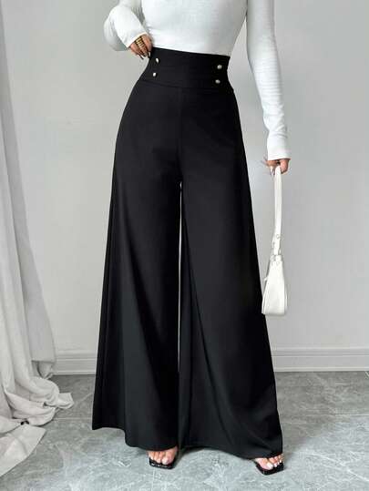 Firerie Women's Minimalist Elegant High-Waisted Slimming Black Wide Leg Pants For Work,Office Work Wear