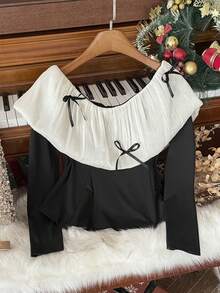 SHEIN Women's Elegant Color Block Bow Decor Long Sleeve Top, Autumn, Christmas - Black and White - View 4