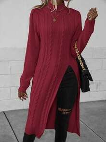 EMERY ROSE 休闲纯色立领高开衩毛衣，秋冬 - 酒紅色 - 查看 3