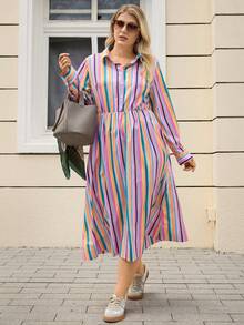 Rosumi Plus Size Casual Commuter Striped Dress, Autumn Winter Clothes For Women Cozy Fall And Winter Clothes For Women Casual Long Dresses - Multicolor - View 5