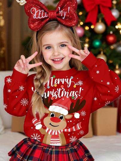 ¡Feliz Navidad! Rojo Navideño, Lindo Reno de Dibujos Animados, Rudolph Rojo Rizado, Carta de Feliz Navidad, Estampado de Copos de Nieve, Sudadera con Capucha de Manga Larga Minimalista Cómoda y Suave para Niñas Preadolescentes, Adecuada para Otoño/Invierno, Fiesta de Navidad, Atuendo de Año Nuevo, Estilo Callejero, Hogar, Vacaciones