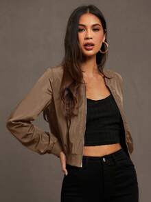 Siren Gaze Chaqueta bomber con cierre de cremallera para otoño/invierno - Marrón Mocha - Ver 5