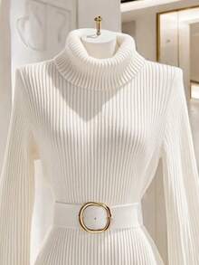 Franclia Maglietta elegante da donna a maniche lunghe, a collo alto, in maglia a tinta unita, con maniche a zampa di elefante - Beige - Visualizzare 3