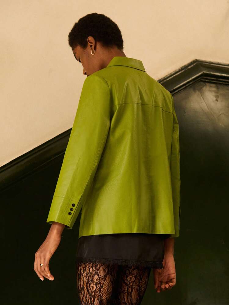 Faux Green Leather Button Front Blazer Autumn Winter Vintage Style