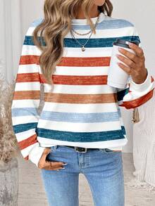 SHEIN LUNE 休闲彩色条纹复古别致印花圆领宽松女式运动衫，家庭套装，适合户外、通勤和运动 - 彩色 - 查看 5