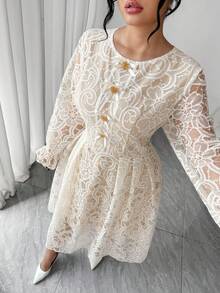 Elenzga 大码女式复古法式蕾丝提花蝴蝶结网眼拼布长袖连衣裙，适合秋冬季、返校、毕业典礼、节日、情人节、圣诞节、音乐节、母亲节、万圣节、感恩节、复活节、国庆节、舞会、约会、派对、婚礼、户外活动 - 杏色 - 查看 2