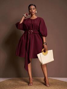 Veslaya 春夏初秋新款优雅通勤、约会、毕业典礼、生日派对宽松灯笼袖抽绳腰褶皱A字连衣裙，大码酒红色 - 酒紅色 - 查看 1