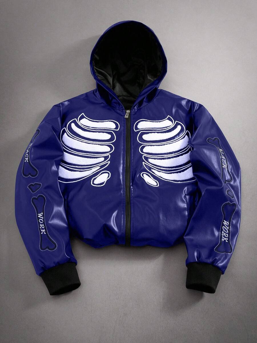 PAVTROS Men's Street Style Autumn PU Zipper Long Sleeve Jacket Hooded Jacket Graphic Jackets Zip Up Cool Jacket Skeleton Jacket Zip Up Jacket - Blue - View 1