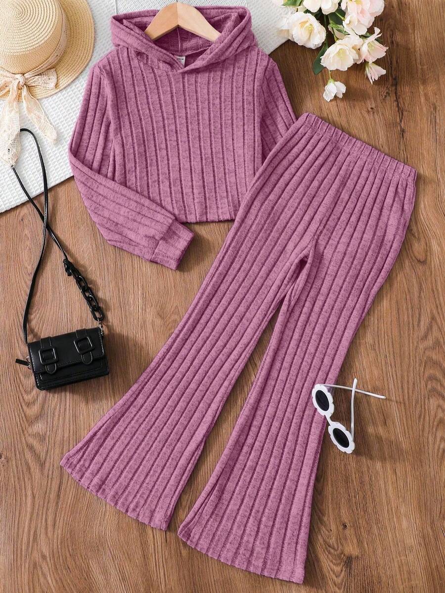 SHEIN 2pcs Tween Girls Casual Solid Color Ribbed Hoodie & Pants Set - Hot Pink - View 1