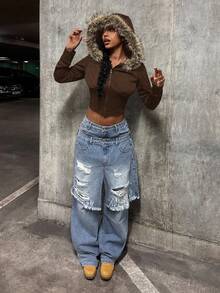 StreetHx 女式街头风连帽毛领修身长袖夹克，秋季 - 棕色 - 查看 4