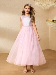 Girls' Princess Long Dress, Metallic Mesh Tulle Party Gown - Pink - View 6